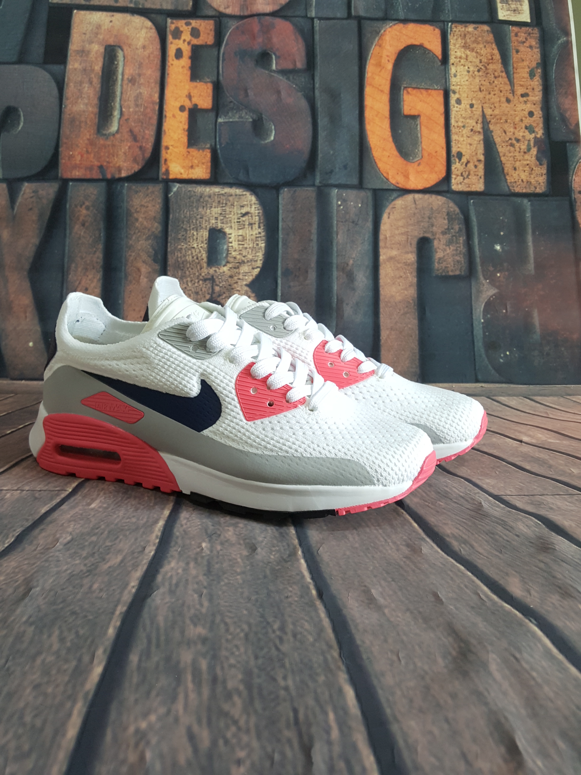 Nike Air Max 90 Flyknit White Grey Red Black Shoes - Click Image to Close